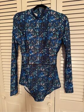 Blue Geometric Long-Sleeve One-Piece Swimsuit